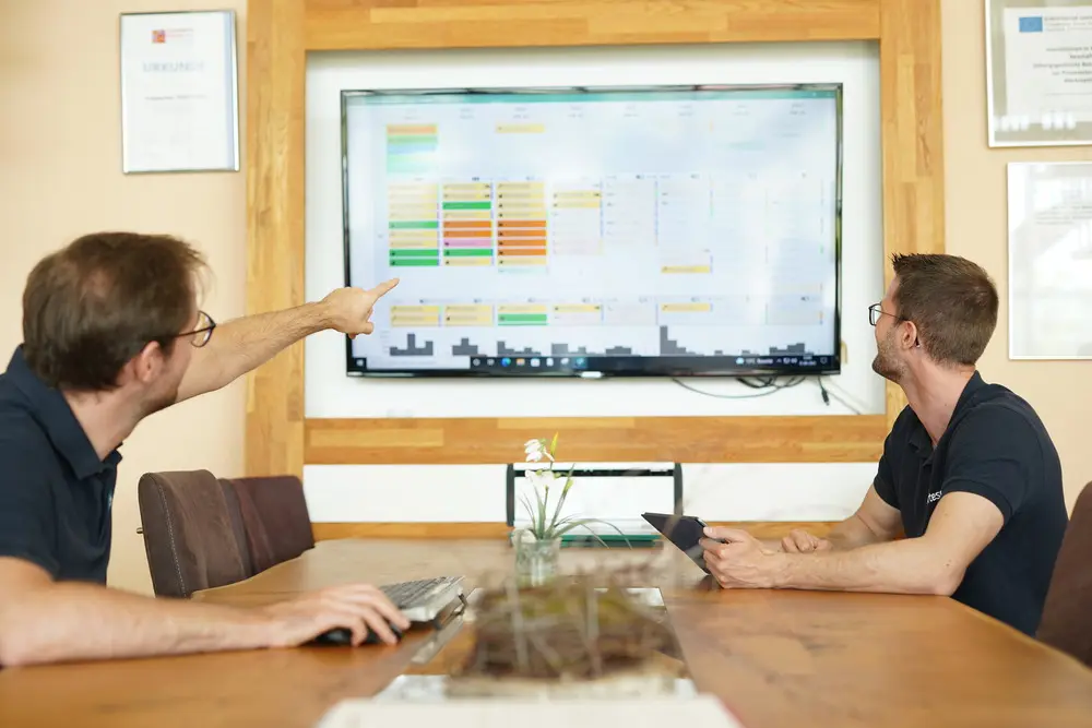 Zwei Personen sitzen an einem Tisch & schauen auf einen großen Bildschirm.