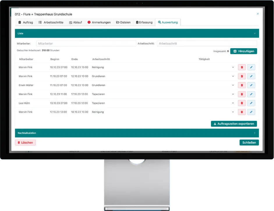 Im Tab 'Auswertung' hast du alle Arbeitszeiten im Blick.