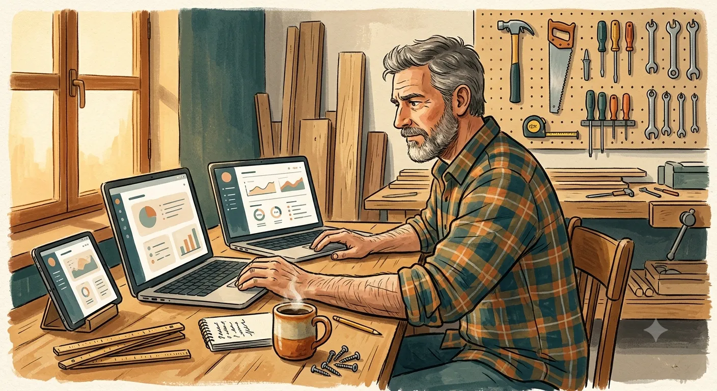 Handwerker am Schreibtisch in der Werkstatt mit Laptop und Tablet