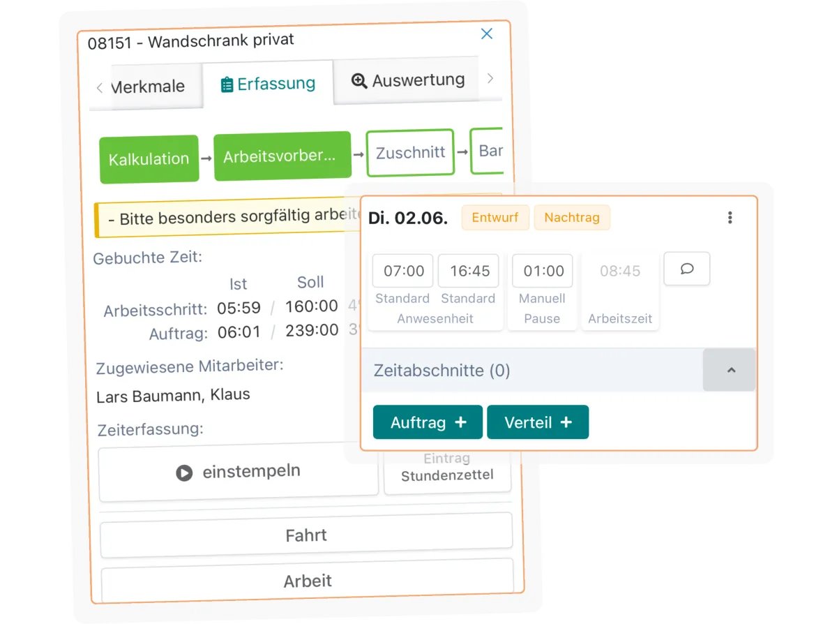 Arbeitszeiten werden direkt im Auftrag erfasst und automatisch gespeichert.