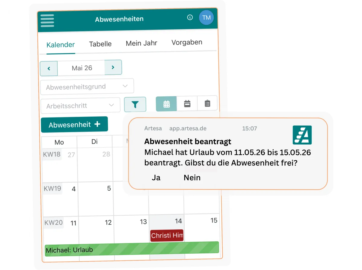 Mit Artesa siehst du Abwesenheiten direkt in deiner Planung.