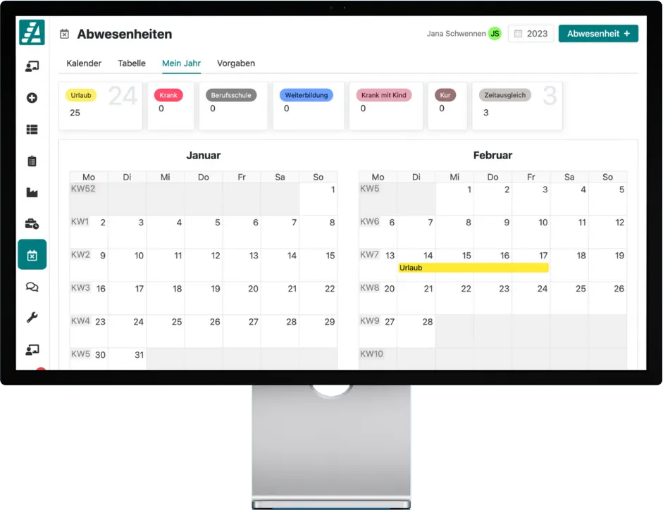 Überblick über alle eingetragenen Abwesenheiten für das aktuelle Jahr