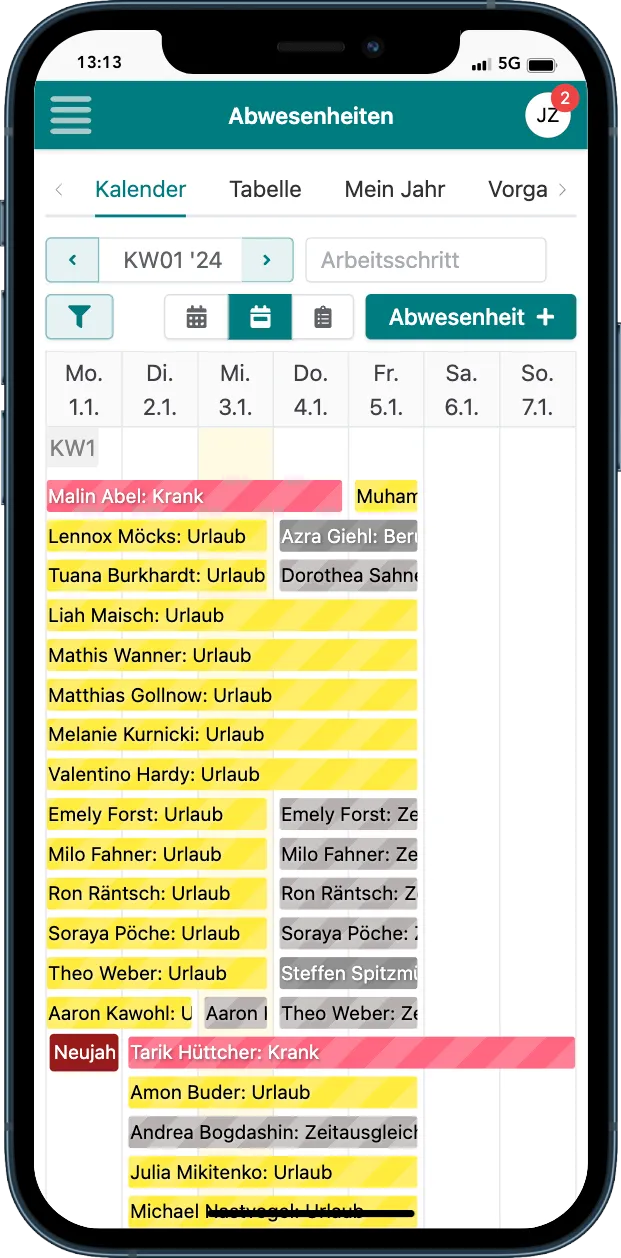Abwesenheitskalender auf dem Smartphone