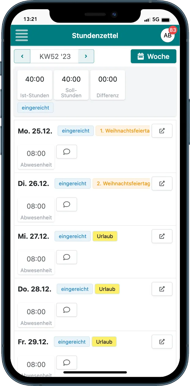 Abwesenheiten im Stundenzettel