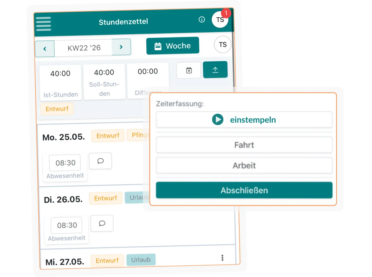 Urlaub und andere Abwesenheiten werden automatisch im Stundenzettel berücksichtigt.