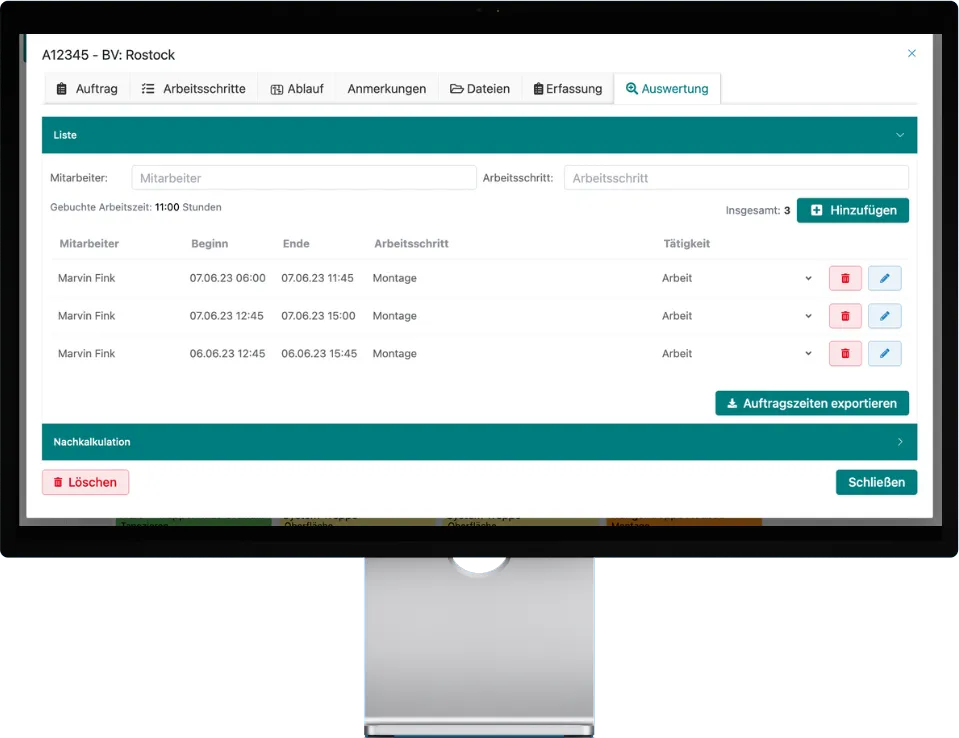 In der Auftragsakte kannst du die Arbeitszeiten auswerten