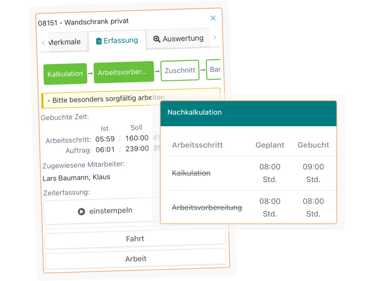 In der Auftragsakte vergleichst du geplante und tatsächliche Zeiten.