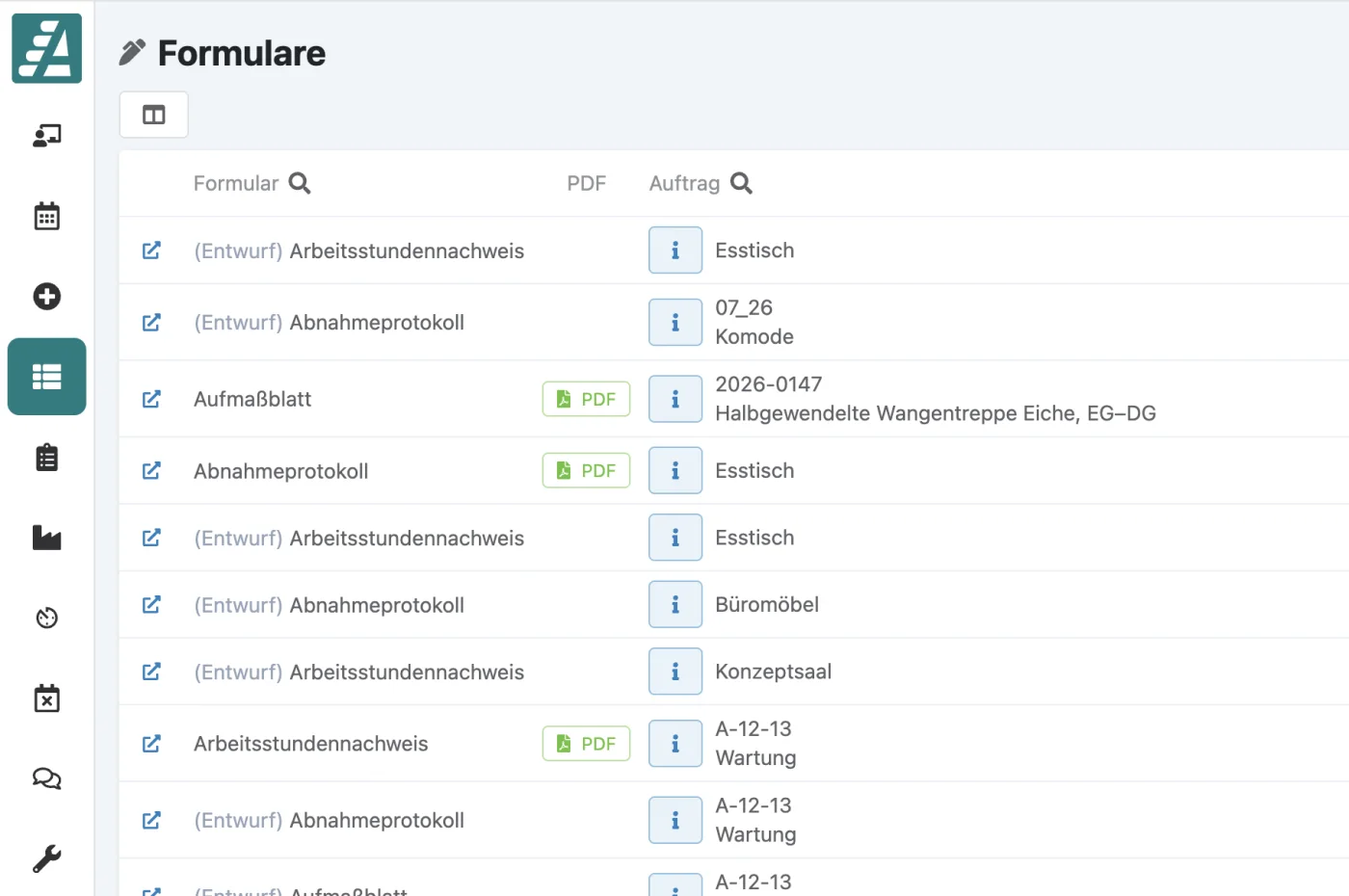 Formular-Liste mit der Spalte PDF, in der fertige PDFs als grünes Kürzel stehen