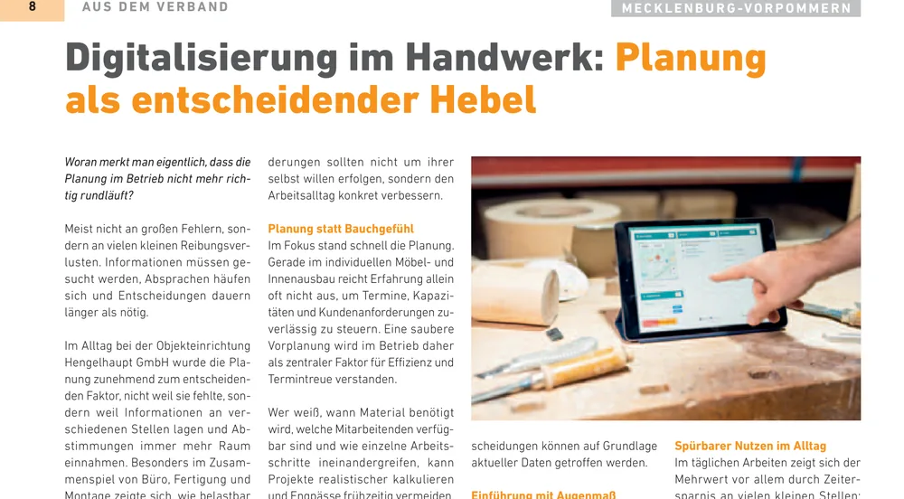 Artikel „Digitalisierung im Handwerk" in der Zeitschrift tischler meister
