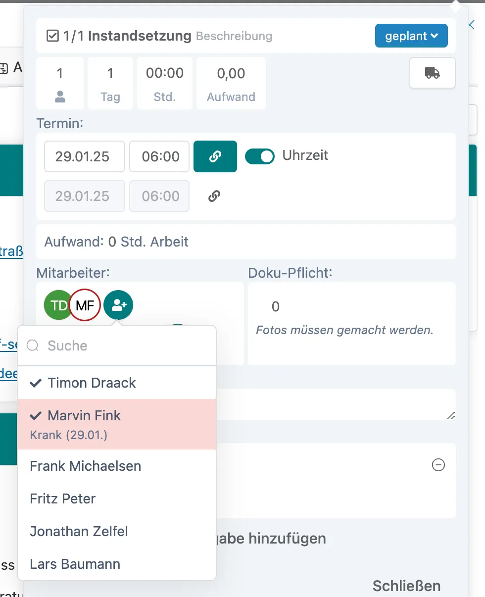 Abwesenheiten bei der Zuweisung von Mitarbeitern