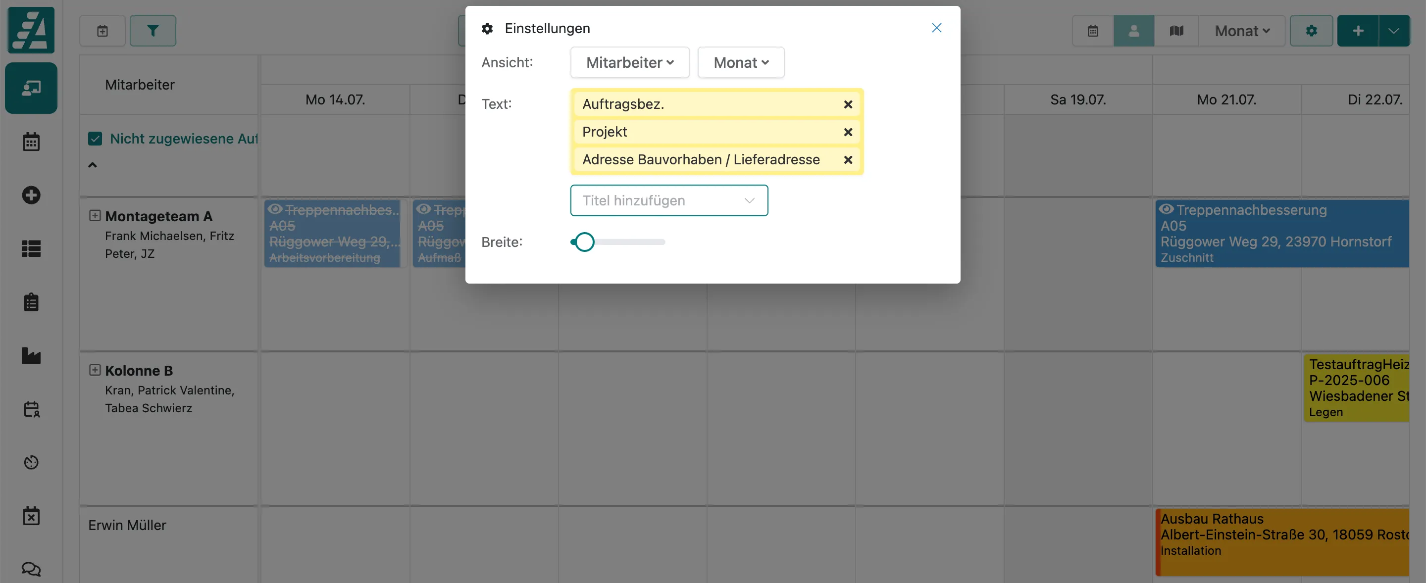 Mehrere Zeilen in der Plantafel