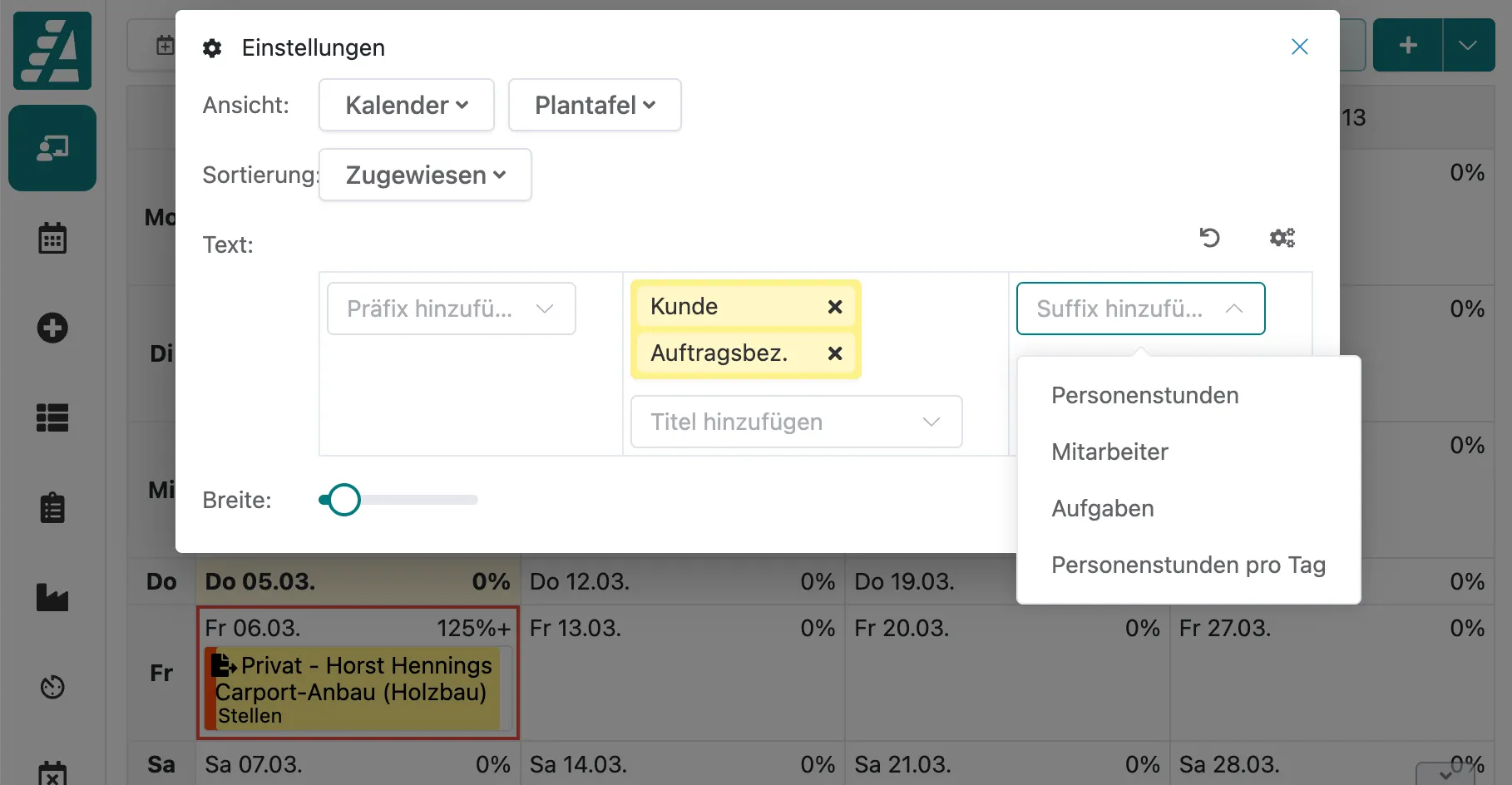 Auftragskärtchen in der Plantafel dynamisch einstellen