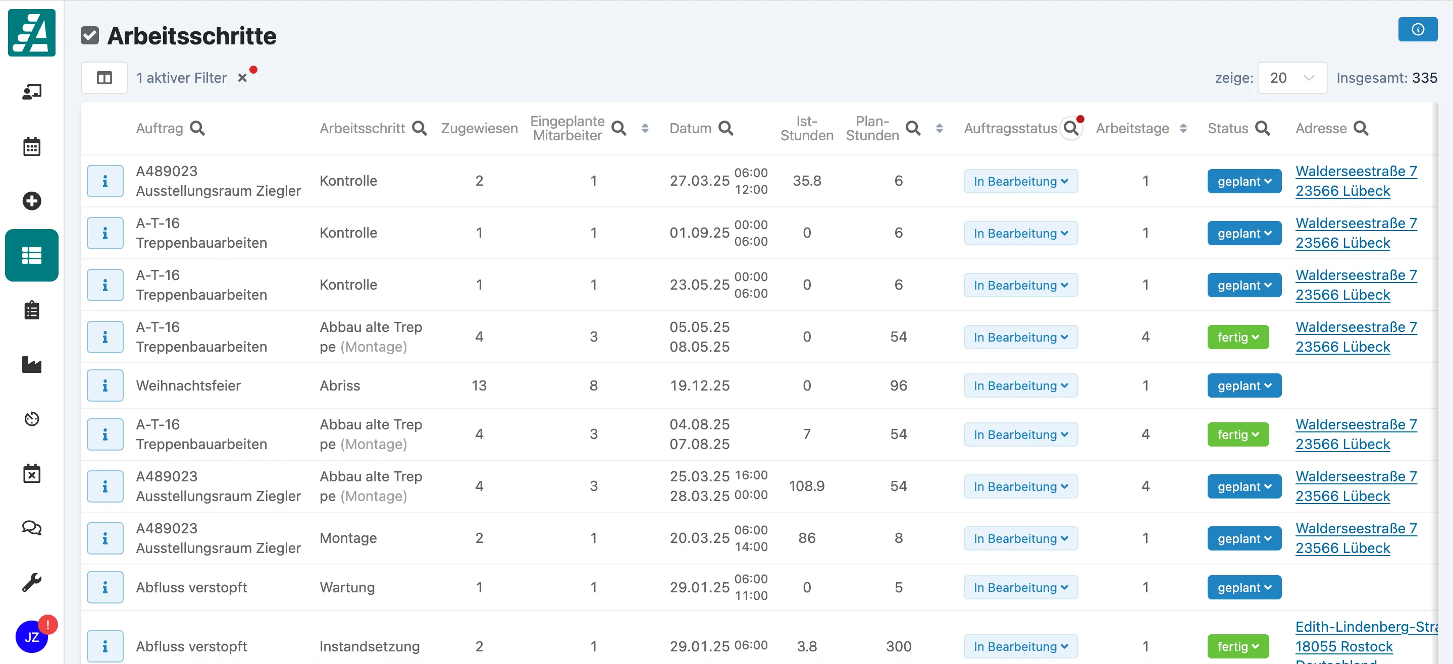 Fußzeile in der Arbeitsschritt-Liste