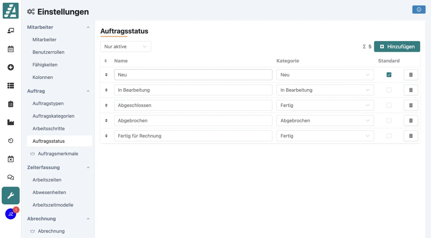 Einstellungen-Tabelle "Auftragsstatus" mit der Spalte "Standard", angehakt beim Status "Neu"