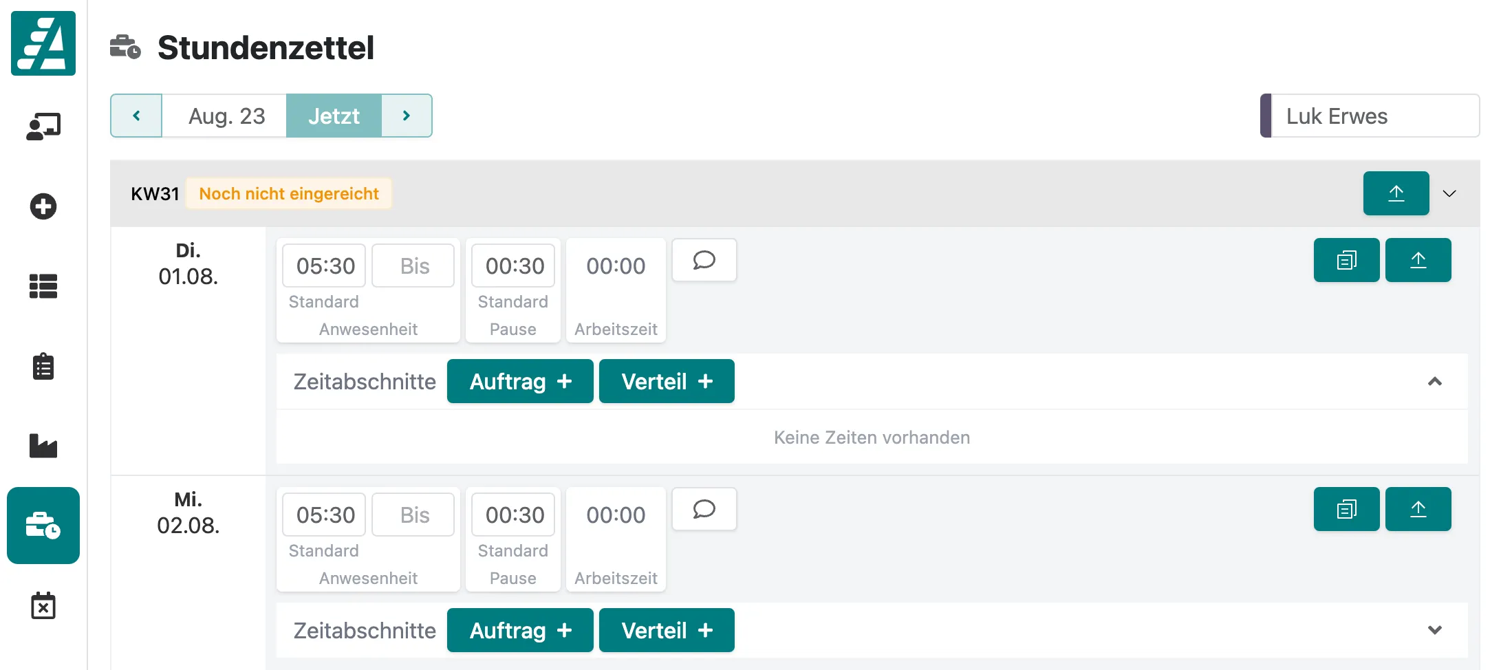 Standardzeiten im Stundenzettel