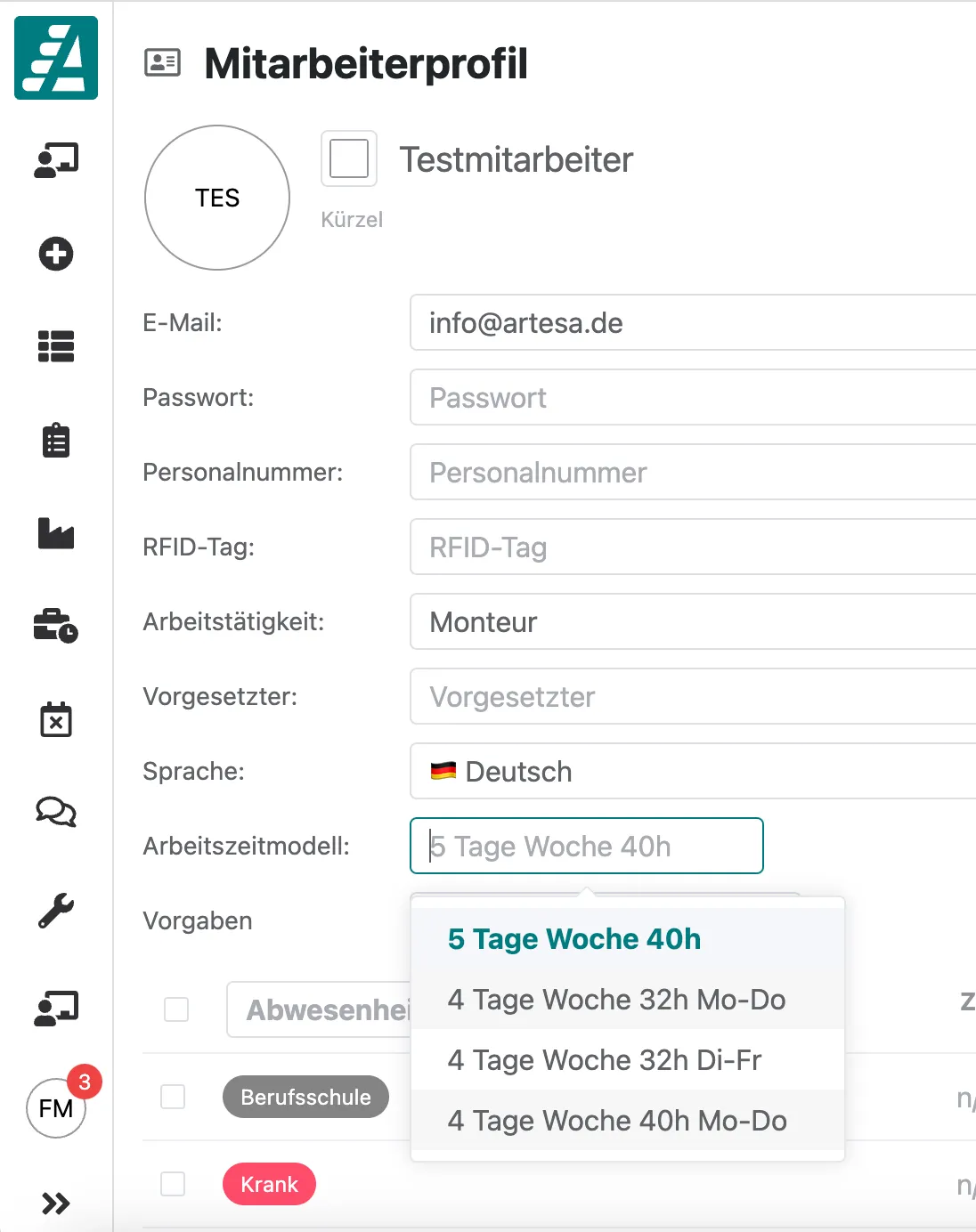 Arbeitszeitmodell im Mitarbeiterprofil einstellen